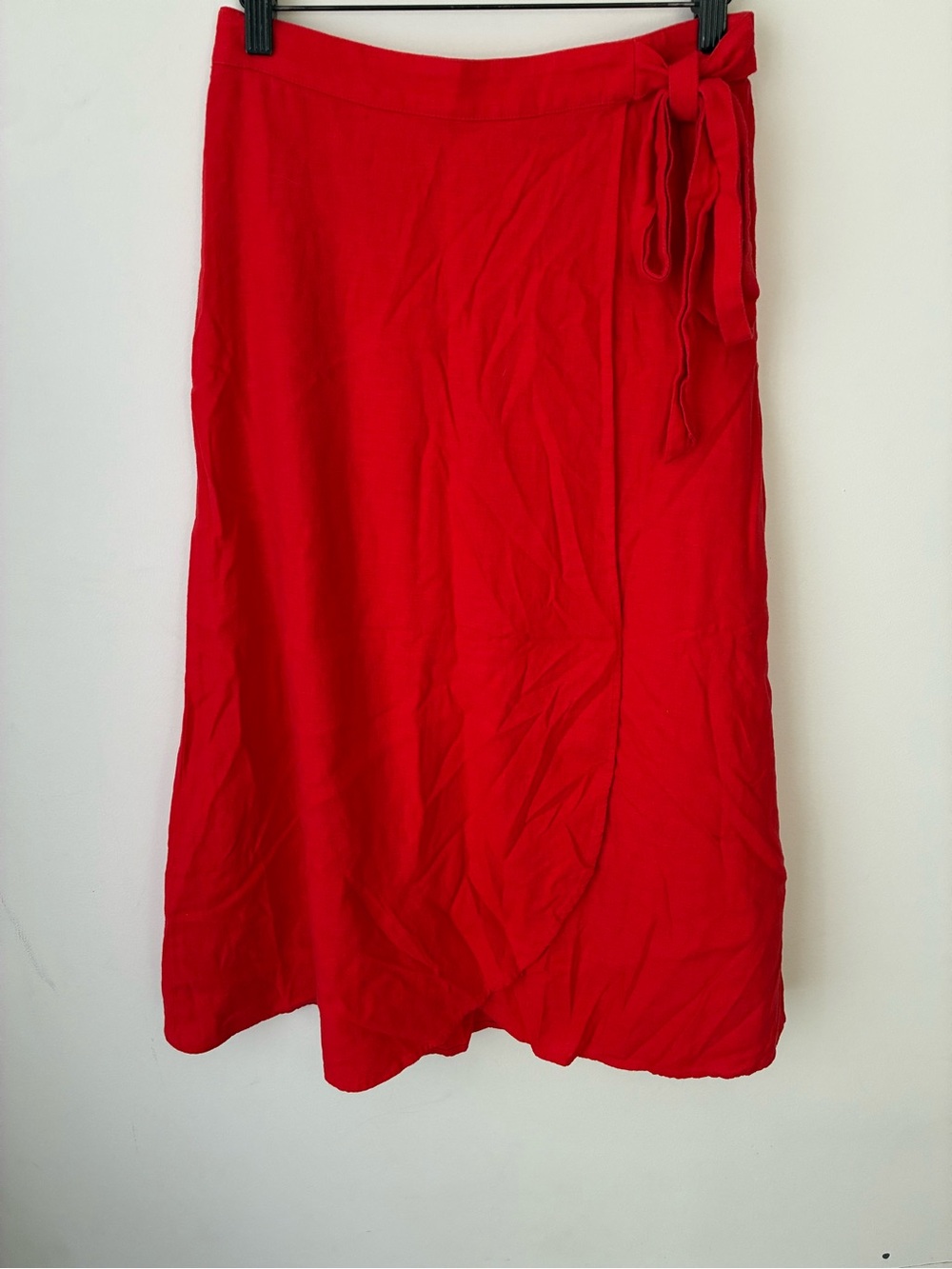 J.Crew Factory Skirt Women’s XS Linen Blend Faux-Wrap Red Tie Waist Midi